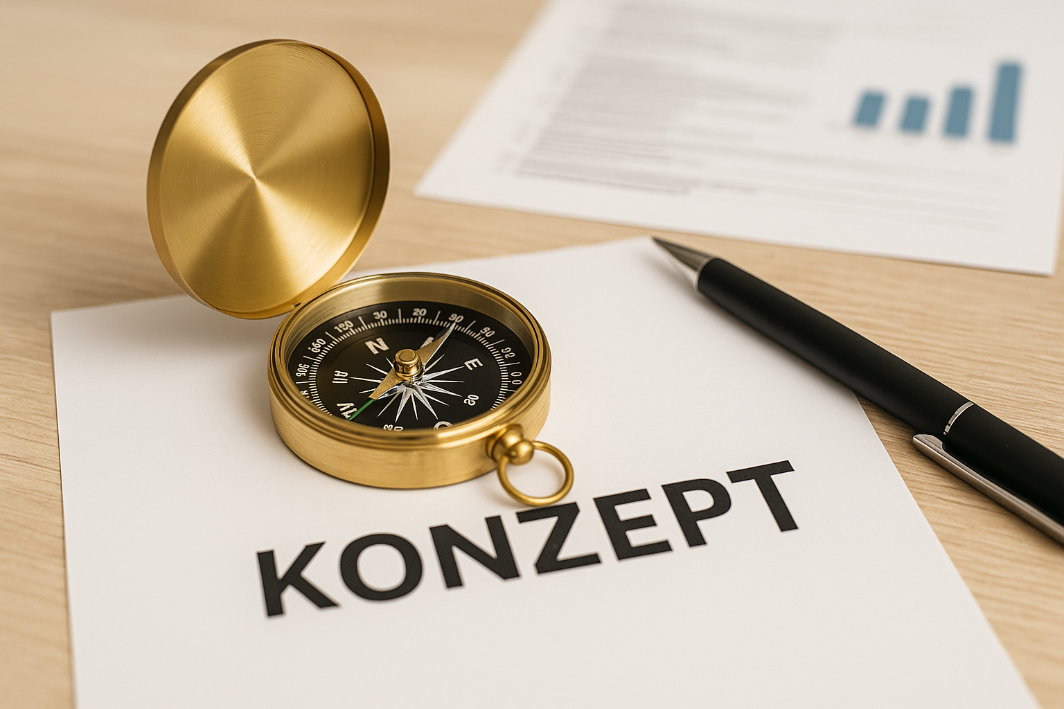 Formularhilfe bei Konzeptkompass – goldener Kompass auf Dokumenten als Symbol für Unternehmenssupport und Orientierung
